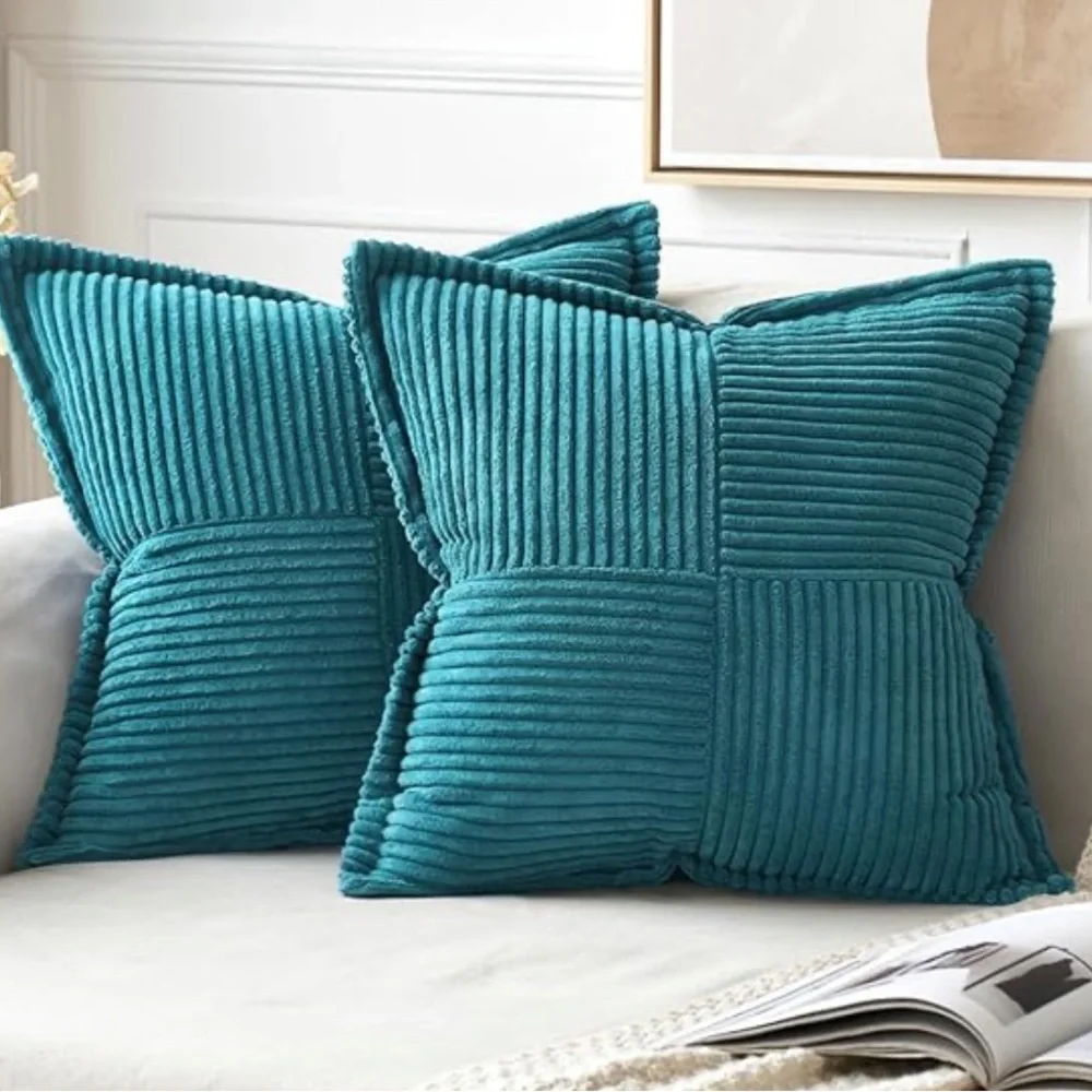 ‘Car Home Office Outdoors’ Striped Patchwork Corduroy Pillow Covers TEAL BLUE